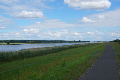 Scenic view of road amidst field against sky