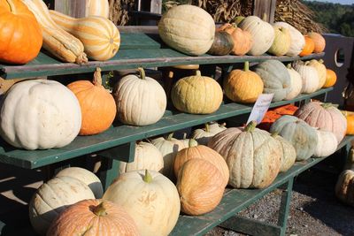 High angle view of pumpkins for sale at market stall