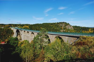 View of train on bridge against sky