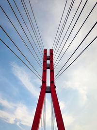 Low angle view of suspension bridge against sky