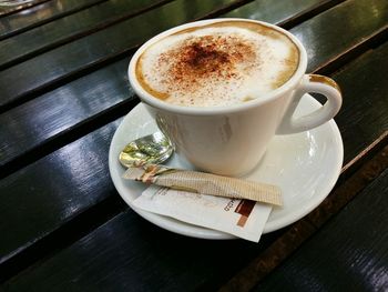 Close-up of cappuccino on table