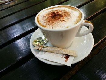 Close-up of cappuccino on table