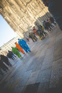 High angle view of people on street