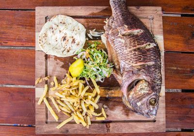 Directly above shot of food served on table