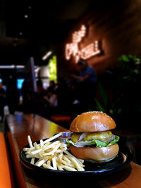 Close-up of burger on table