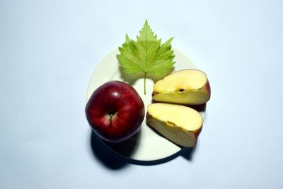 High angle view of apples and apple against white background