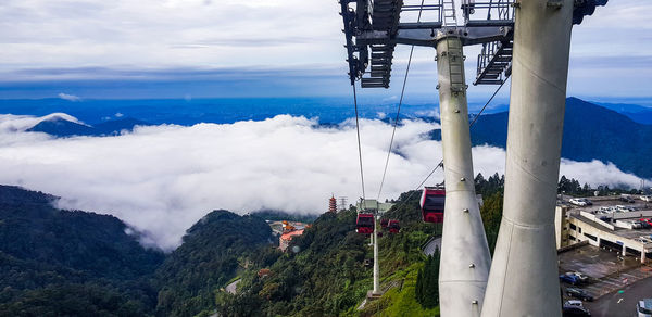 High angle view of sea and mountains against sky