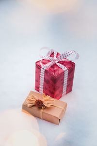 Close-up of christmas presents on table