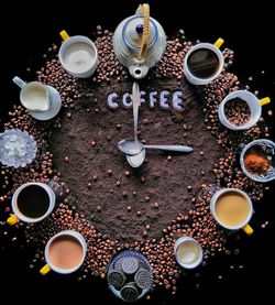 High angle view of coffee and text on table
