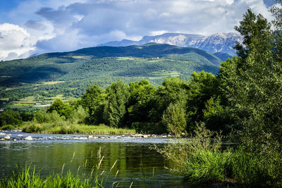 Scenic view of lake and mountains against sky