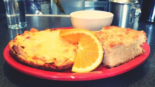 Close-up of breakfast served on table