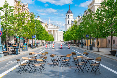 View of street and buildings in city