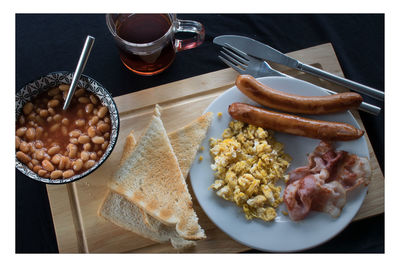 High angle view of breakfast served on table