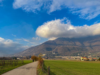 Scenic view of agricultural field against sky