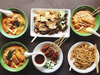 Directly above shot of food served on table