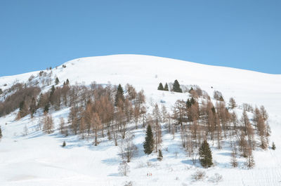 Scenic view of snowcapped mountains against clear blue sky