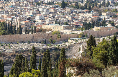 High angle view of buildings in city