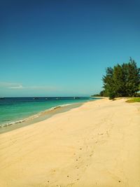 Scenic view of beach against clear blue sky