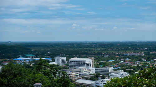 High angle view of buildings against sky