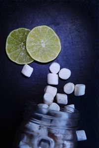 High angle view of lemon slice on table