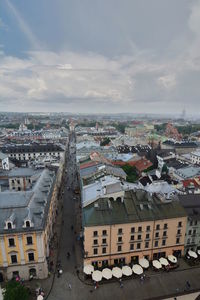 High angle view of buildings against sky