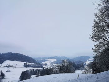 Scenic view of snow covered mountains against sky