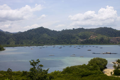 Scenic view of lake and mountains against sky