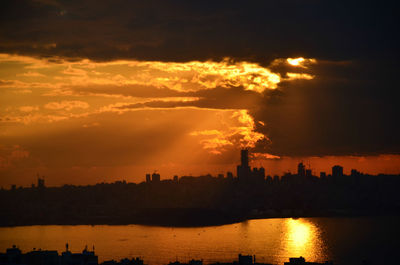 Silhouette of city at sunset