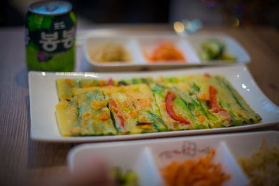 High angle view of food in plate on table
