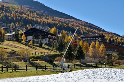Scenic view of field by buildings against clear sky