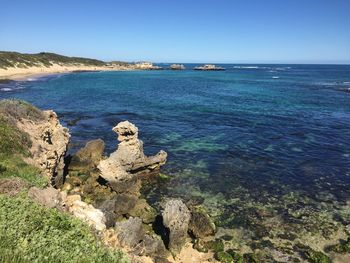 Scenic view of sea against clear blue sky