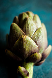 Close-up of fruit on table against blue background