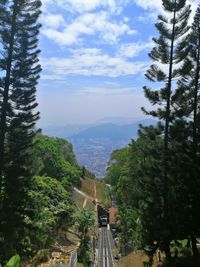 High angle view of road amidst trees against sky