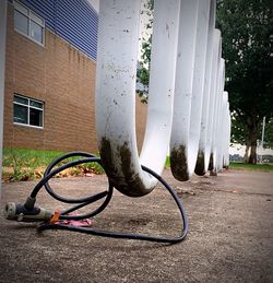 Close-up of bicycle lock on rack