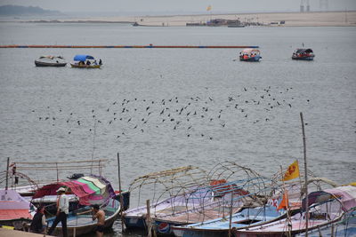 High angle view of boats in ganges, varanasi