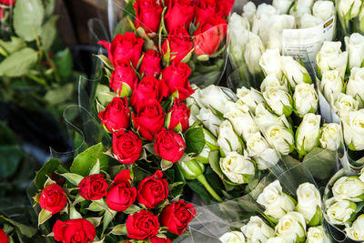 Close-up of red rose flowers in market