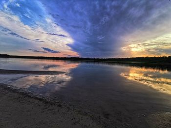 Scenic view of lake against sky at sunset