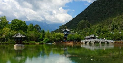 Scenic view of lake against cloudy sky