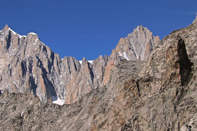 Low angle view of rocky mountains against clear blue sky