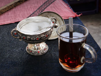 High angle view of tea cup on table