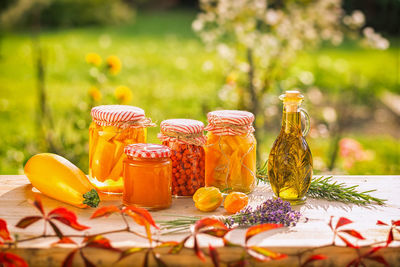 Close-up of food in jars on table