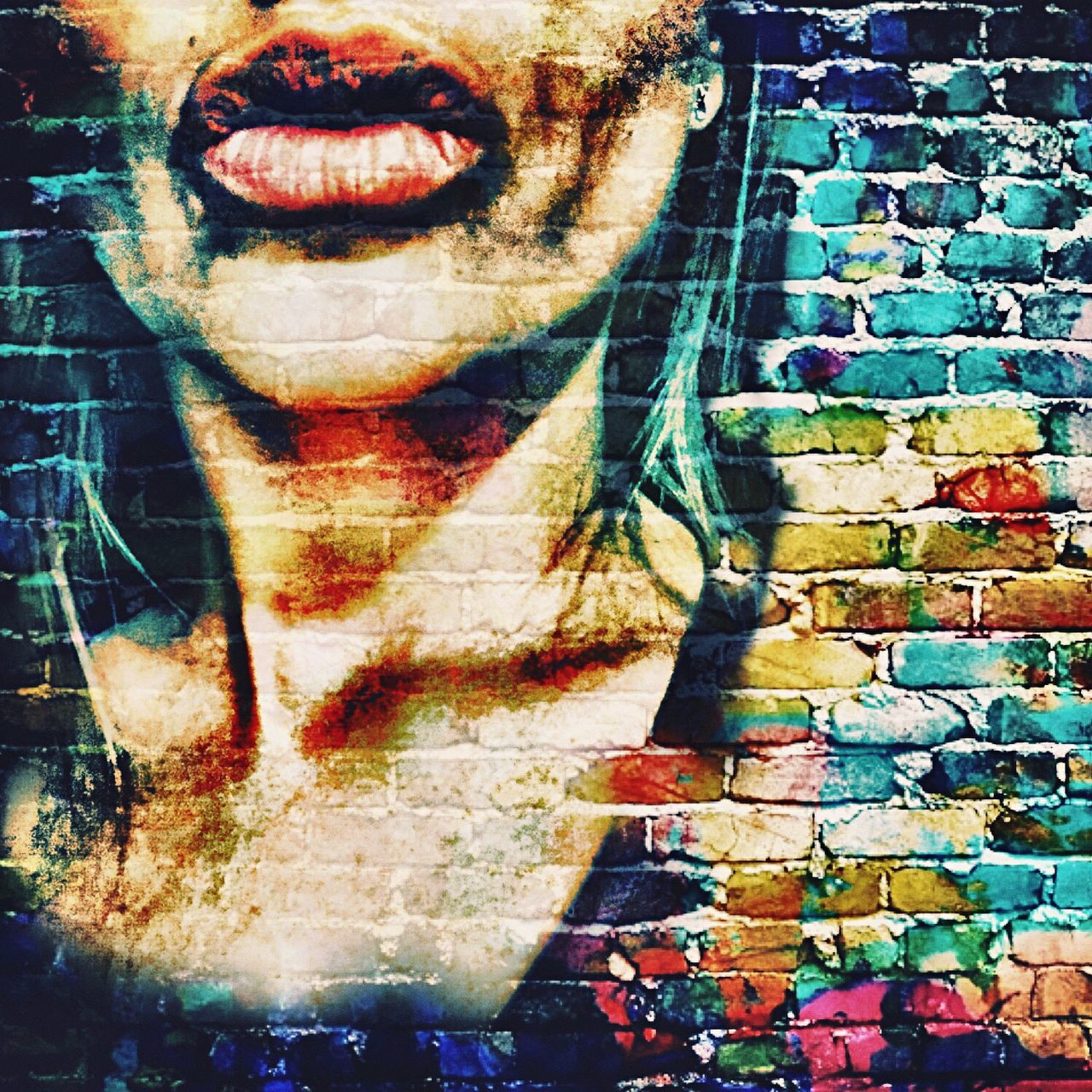 wall - building feature, graffiti, art and craft, art, creativity, brick wall, close-up, one person, built structure, wall, architecture, human representation, front view, day, building exterior, outdoors, reflection, multi colored, painting