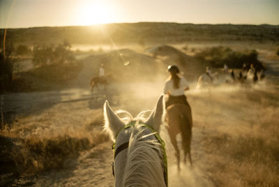 Woman riding horse on dirt road