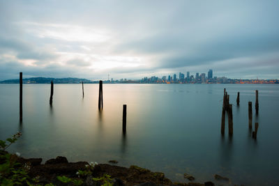 Puget sound and city skyline of seattle in the mist of the early morning, washington state, usa