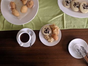 High angle view of breakfast served on table