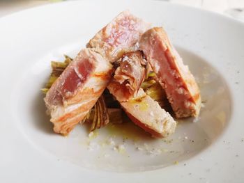 High angle view of food in plate on table