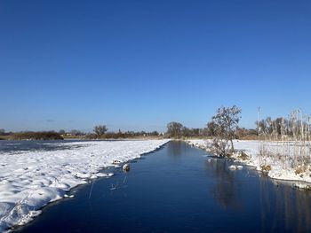 Scenic view of lake against clear blue sky