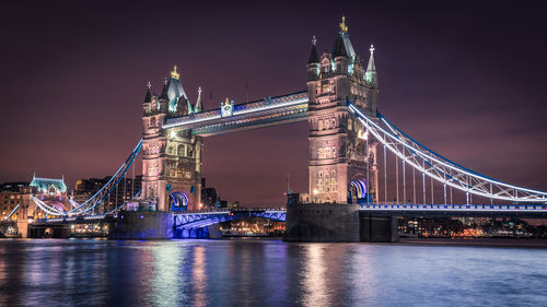 Illuminated bridge over river against sky in city at night