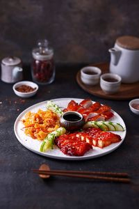 High angle view of breakfast served on table