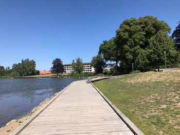 Scenic view of lake against clear blue sky